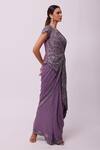Buy_Onaya_Purple Georgette Embellished Sequins Crystals And Jacket & Pre-draped Saree Set_Online_at_Aza_Fashions