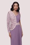 Shop_Onaya_Purple Lycra Net Embroidery Pearl And Cutdana Jacket Panelled Saree Gown  _Online_at_Aza_Fashions