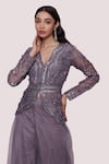 Onaya_Grey Georgette Embellished Moti V Neck Kurta And Flared Pant Set _at_Aza_Fashions