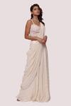 Onaya_Off White Georgette Chikan Embroidery Pre-stitched Saree With Strappy Blouse_Online_at_Aza_Fashions