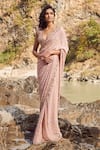 Buy_Dolly J_Peach Silk Chiffon Embroidery V Neck Olina Kamdani Saree Set _at_Aza_Fashions