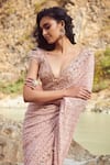 Dolly J_Peach Silk Chiffon Embroidery V Neck Olina Kamdani Saree Set _Online_at_Aza_Fashions