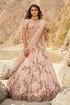 Buy_Dolly J_Pink Raw Silk Embroidery Scoop Neck Sepia Bridal Lehenga Set  _at_Aza_Fashions