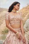 Dolly J_Pink Raw Silk Embroidery Scoop Neck Sepia Bridal Lehenga Set  _Online_at_Aza_Fashions