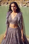 Shop_Dolly J_Grey Shimmer Tulle Embroidery V Neck Vamika Lehenga Set  _at_Aza_Fashions