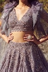 Dolly J_Grey Shimmer Tulle Embroidery V Neck Vamika Lehenga Set  _Online_at_Aza_Fashions