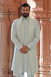 Buy_Vanshik_Green Raw Silk Embroidered Sherwani Set _at_Aza_Fashions