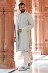 Shop_Vanshik_Green Raw Silk Embroidered Sherwani Set _at_Aza_Fashions