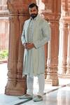 Buy_Vanshik_Green Raw Silk Embroidered Sherwani Set _Online_at_Aza_Fashions