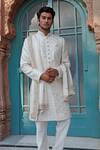 Buy_Vanshik_Grey Raw Silk Embroidered Sherwani Set _at_Aza_Fashions