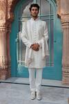 Vanshik_Grey Raw Silk Embroidered Sherwani Set _Online_at_Aza_Fashions