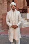 Buy_Vanshik_White Raw Silk Embroidered Sherwani Set _at_Aza_Fashions