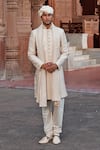 Shop_Vanshik_White Raw Silk Embroidered Sherwani Set _at_Aza_Fashions