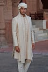 Vanshik_White Raw Silk Embroidered Sherwani Set _Online_at_Aza_Fashions