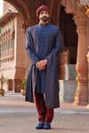 Vanshik_Blue Raw , Spun Embroidered Sherwani Set _Online_at_Aza_Fashions