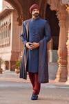 Buy_Vanshik_Blue Raw , Spun Embroidered Sherwani Set _Online_at_Aza_Fashions