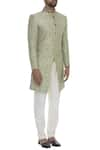 Sarab Khanijou_Green Raw Silk Cutdana Embroidered Bead Short Sherwani _Online_at_Aza_Fashions