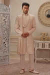 Buy_Vanshik_Beige Dupion Silk Embroidered Sherwani Set _at_Aza_Fashions