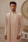 Shop_Vanshik_Beige Dupion Silk Embroidered Sherwani Set _at_Aza_Fashions