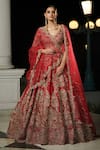 Buy_Dolly J_Red Raw Silk V Neck Aubre Embroidered Bridal Lehenga Set  _at_Aza_Fashions