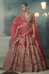 Dolly J_Red Raw Silk V Neck Aubre Embroidered Bridal Lehenga Set  _Online_at_Aza_Fashions