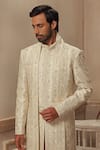 Shop_Vanshik_Beige Raw Silk Embroidered Sherwani Set _at_Aza_Fashions