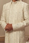 Vanshik_Beige Raw Silk Embroidered Sherwani Set _Online_at_Aza_Fashions