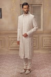 Buy_Vanshik_White Raw Silk Embroidered Sherwani Set _at_Aza_Fashions