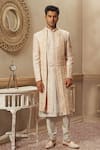 Buy_Vanshik_Beige Raw Silk Embroidered Sherwani Set _at_Aza_Fashions