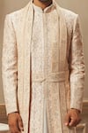 Vanshik_Beige Raw Silk Embroidered Sherwani Set _Online_at_Aza_Fashions