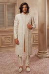 Buy_Vanshik_Beige Raw Silk Embroidered Sherwani Set _at_Aza_Fashions