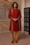 Buy_Vanshik_Maroon Chanderi Silk Embroidered Sherwani Set _at_Aza_Fashions