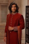 Shop_Vanshik_Maroon Chanderi Silk Embroidered Sherwani Set _at_Aza_Fashions