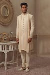 Buy_Vanshik_Beige Chanderi Silk Blend Base Embroidered Sherwani Set _at_Aza_Fashions