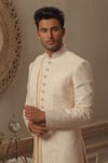 Shop_Vanshik_Beige Chanderi Silk Blend Base Embroidered Sherwani Set _at_Aza_Fashions