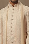 Vanshik_Beige Chanderi Silk Blend Base Embroidered Sherwani Set _Online_at_Aza_Fashions