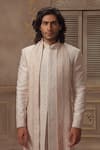 Shop_Vanshik_Beige Raw Silk Embroidered Sherwani Set _at_Aza_Fashions