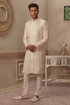 Buy_Vanshik_Beige Base Fabric Blended Silk Embroidered Sherwani Set _at_Aza_Fashions