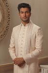 Vanshik_Beige Base Fabric Blended Silk Embroidered Sherwani Set _Online_at_Aza_Fashions