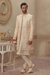 Buy_Vanshik_Beige Chanderi Silk Blend Embroidered Sherwani Set _at_Aza_Fashions