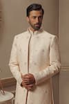 Vanshik_Beige Chanderi Silk Blend Embroidered Sherwani Set _Online_at_Aza_Fashions