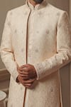 Buy_Vanshik_Beige Chanderi Silk Blend Embroidered Sherwani Set _Online_at_Aza_Fashions