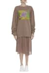 Huemn_Brown Silk Embroidered Round Sweatshirt And Skirt Set  _Online_at_Aza_Fashions