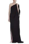 Buy_Urvashi Kaur_Black Viscose, Cotton Asymmetric Neck Slit Gown With Overlay _at_Aza_Fashions