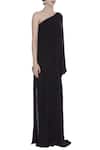 Urvashi Kaur_Black Viscose, Cotton Asymmetric Neck Slit Gown With Overlay _Online_at_Aza_Fashions