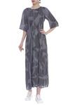 Buy_Urvashi Kaur_Gray Cotton Round Neck Shibori Box Pleat Flared Dress _at_Aza_Fashions