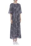 Urvashi Kaur_Gray Cotton Round Neck Shibori Box Pleat Flared Dress _Online_at_Aza_Fashions