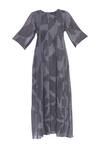 Buy_Urvashi Kaur_Gray Cotton Round Neck Shibori Box Pleat Flared Dress _Online_at_Aza_Fashions