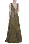 Buy_Urvashi Kaur_Green Linen Embroidery V-neck Noil Tiered Ikat Print Gown _at_Aza_Fashions