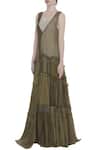 Buy_Urvashi Kaur_Green Linen Embroidery V-neck Noil Tiered Ikat Print Gown _Online_at_Aza_Fashions